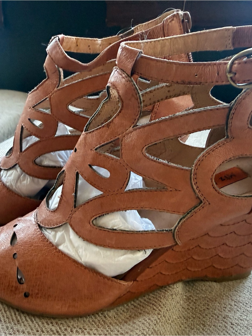 Miz Mooz Tan Cutout Leather Wedge Sandals